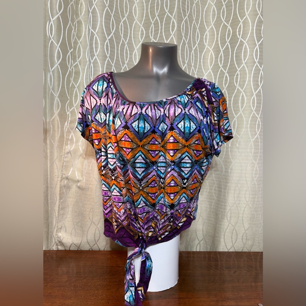 Bibeau Multicolor Geometric Tie-Front Crop Top in Purple and Orange